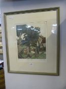 Framed Limited Edition Hand Coloured Print - Gather Apples by Michael Atkin