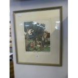 Framed Limited Edition Hand Coloured Print - Gather Apples by Michael Atkin