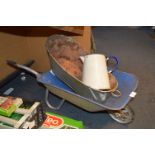 Child's Metal Wheelbarrow, Small Bathtub and Enameled Jug