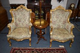 Carved Gilt Wood Framed Floral Upholstered High Wingback Armchairs