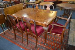Walnut & Maple Veneered Extending Dining Table with Four Dining Chairs and One Carver