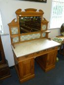 Marble Topped Satin Walnut Twin Pedestal Dressing Table with Victorian Tiled Back