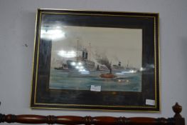 Framed Watercolour -Steam Ship signed W.H. Page 1986