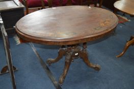 Victorian Walnut Inlaid Oval Topped Pedestal Table