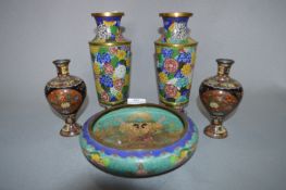 Two Pairs Japanese Cloisonne Vases and a Bowl