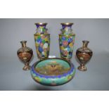 Two Pairs Japanese Cloisonne Vases and a Bowl