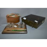 U.S Military Tin, Leather Collars Box and a Desk Inkwell Stand