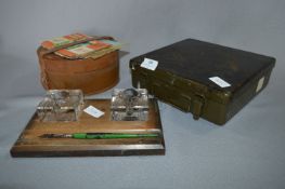 U.S Military Tin, Leather Collars Box and a Desk Inkwell Stand