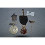 WWII Service Medal Silver, Shield Fob and a Gilt Metal Fob Medallion