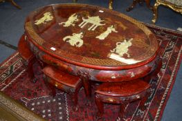 Japanese Red Lacquered and Mother of Pearl Decorated Tea Table with Six Stools