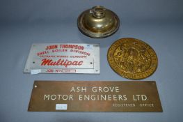 Wilson Dishes, Brass Safe Sign and Two Nameplates