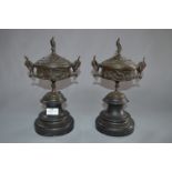 Pair of Bronze Coupe Aux Cigognes Covered Urns by