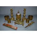 Brassware Candlesticks, Beakers, Trivet, etc.