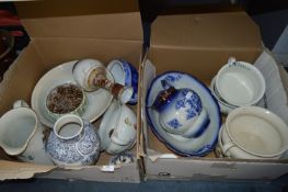 Two Boxes of Decorative Potties, Jug & Bowl Sets, Vases, etc...
