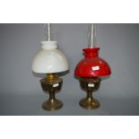 Two Brass Oil Lamp with Read & White Shades
