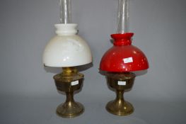 Two Brass Oil Lamp with Read & White Shades