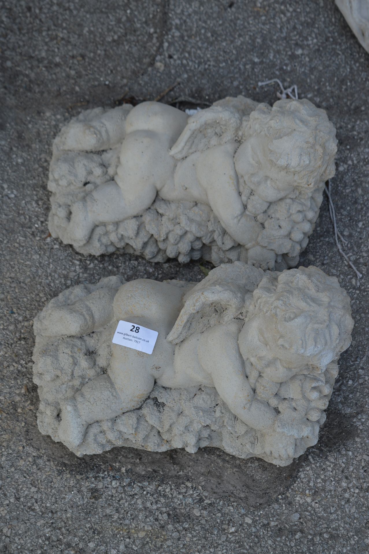 Pair of Reconstituted Limestone Cherub Garden Orn