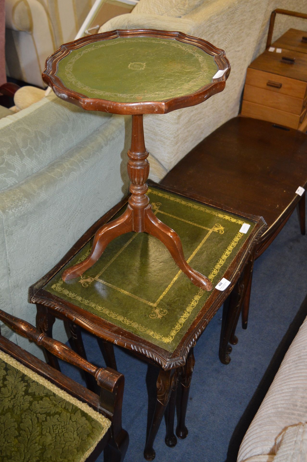 Oak Nest of Three Tables and Side Table with Green