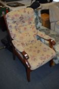 Oak Framed Brown Leaf Upholstered Armchair