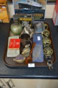 Tray of Horse Brasses, Table Lighter, Pin Cushion,