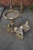 Concrete Garden Ornaments; Birdbath, Toadstool and Figures