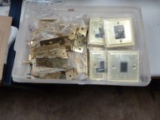 Box of Brass Hinges, Brass Electrical Outlets and