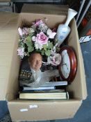 Large Box Containing Books, Artificial Flowers, Gl