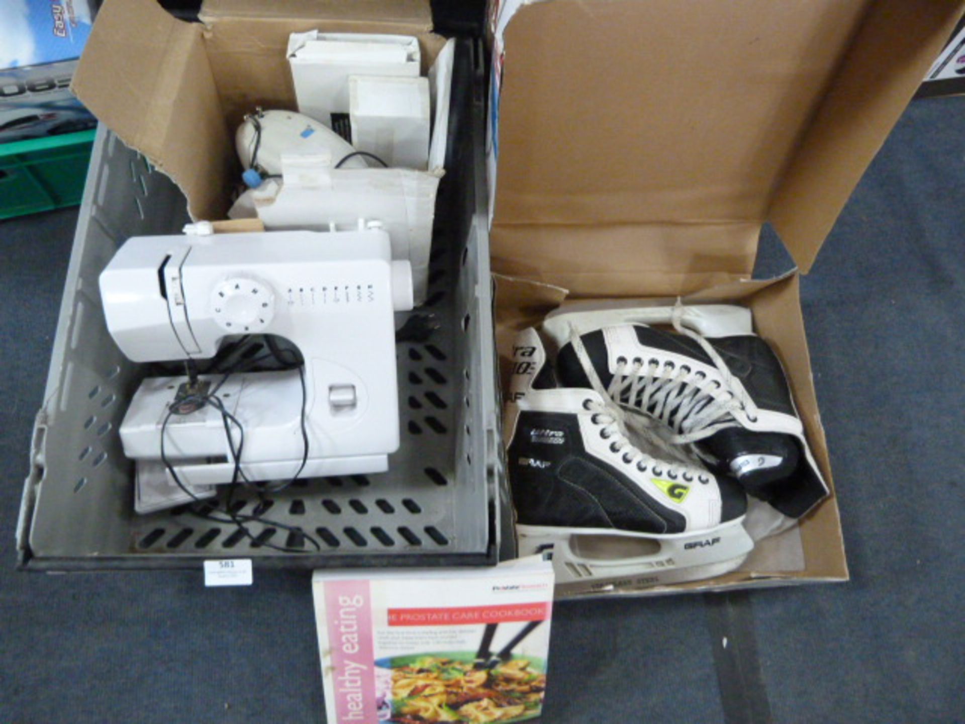 Box Containing Ice Skating Boots, Sewing Machine,