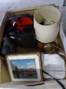 Box Containing Binoculars, Table Lamp, Telephone,