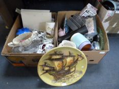 Two Boxes Containing Ornaments, Tea Ware, Wall Pla