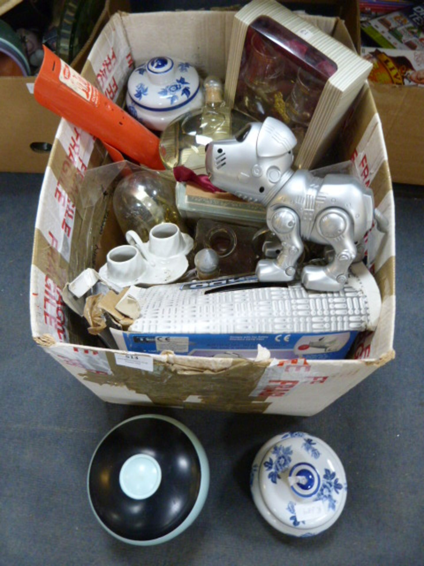 Box Containing Glassware, Decanters, Robot Puppy,