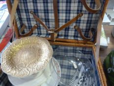 Picnic Basket with Small Quantity of China and Cut