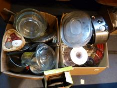 Two Boxes of Kitchen Ware; Blenders, Pans, Oven Wa