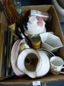 Box Containing Dinnerware, Prints, Storage Jar, Va