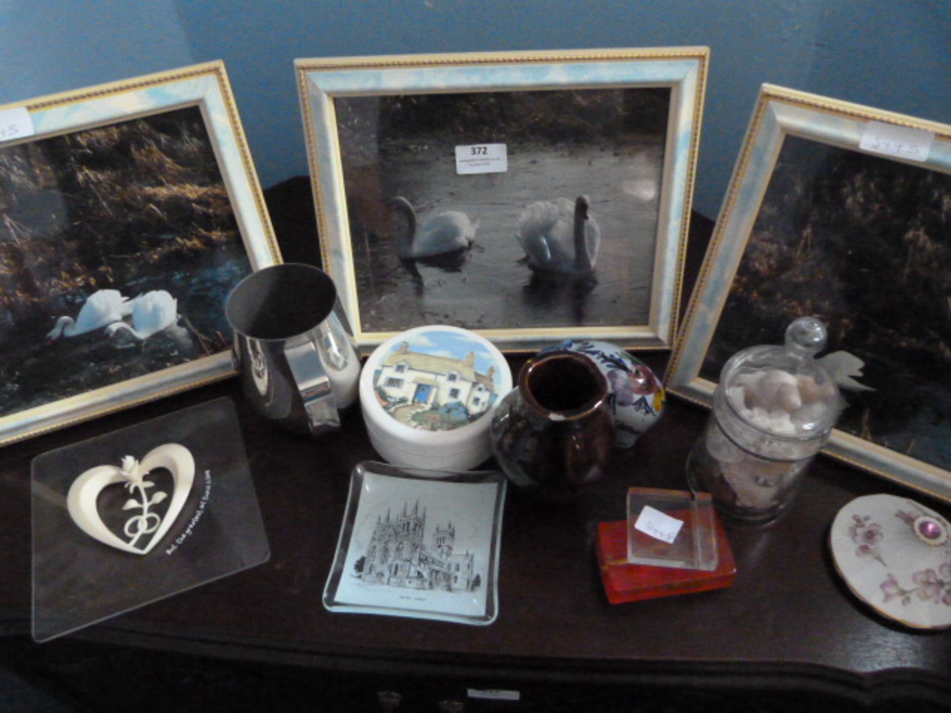 Three Framed Photos - Swans and a Quantity of China