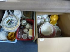 Large Box and Three Plastic Tubs of Kitchenware; M