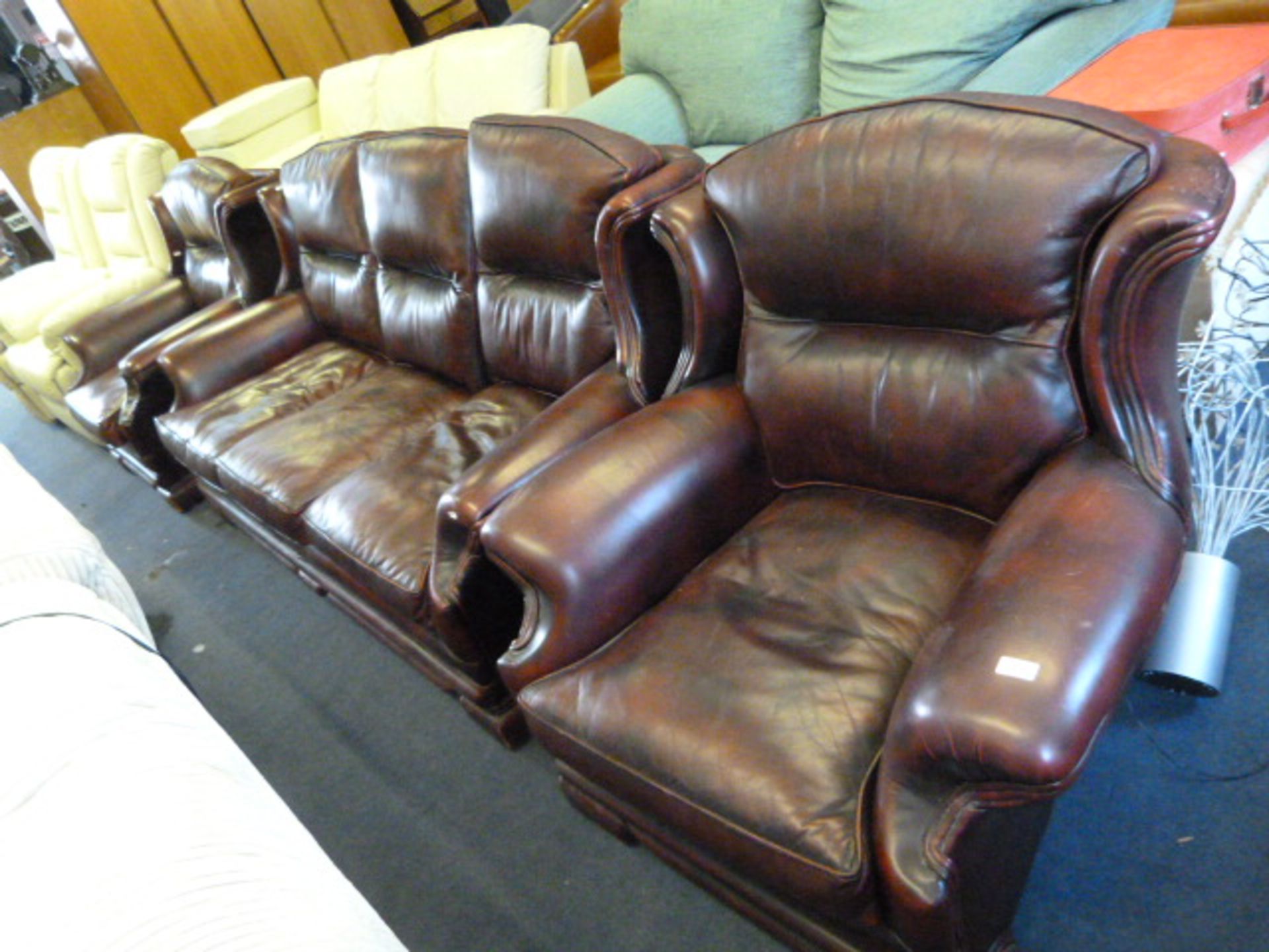 Oxblood Leatherette Three Seat Sofa and Two Armcha