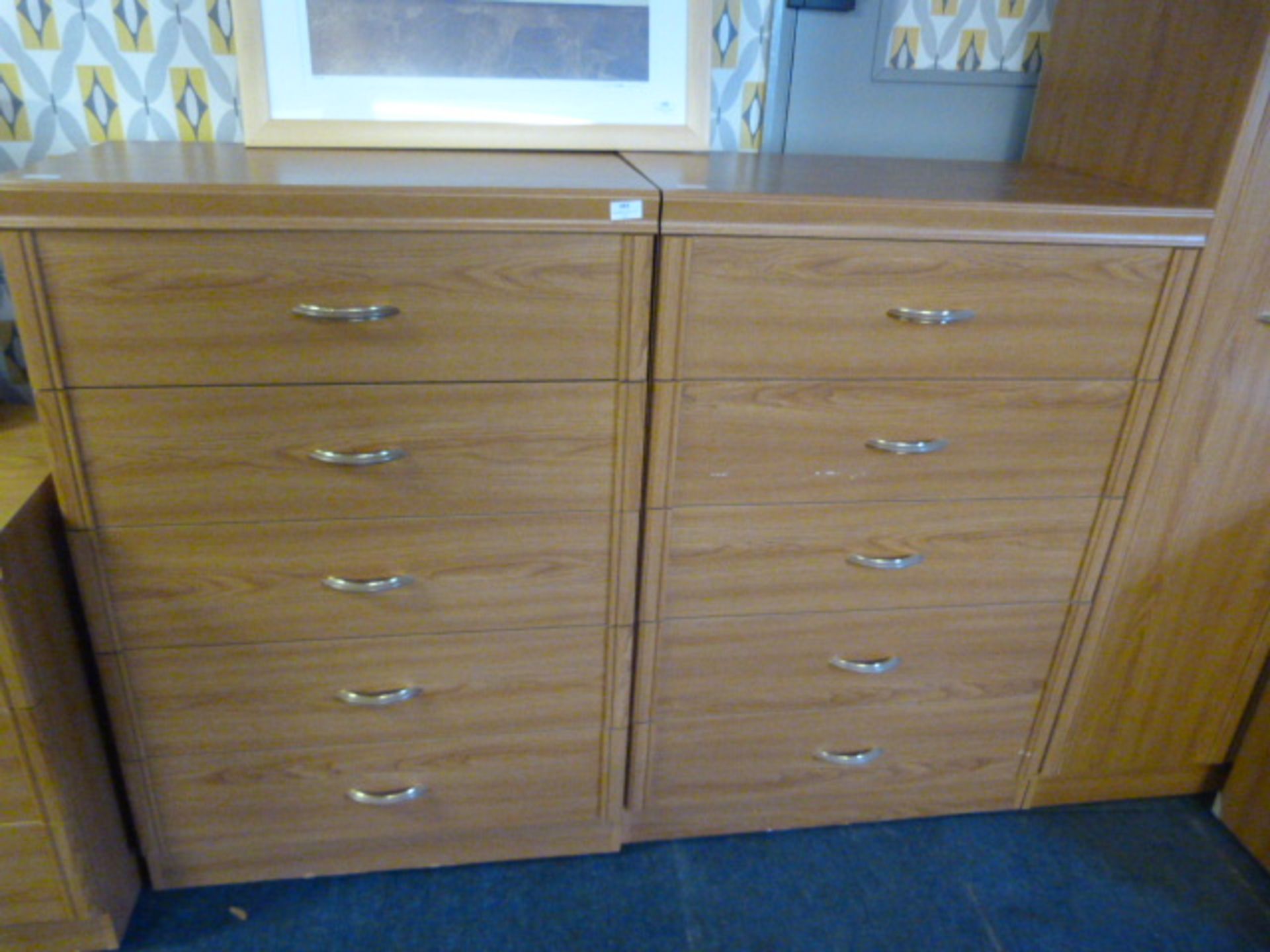Two Teak Effect Five Drawer Chests