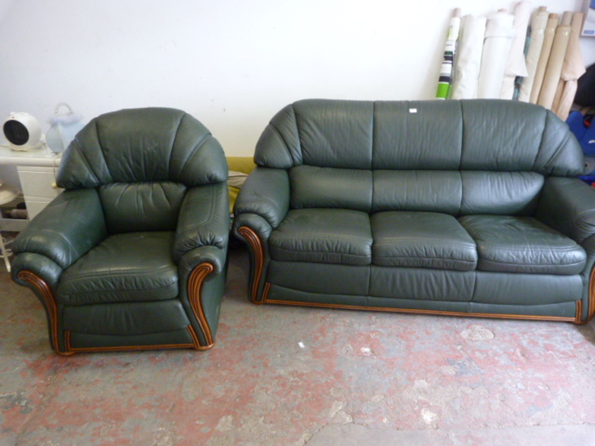 Green Leatherette Three Seat Sofa and Armchair