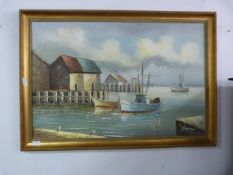 Gilt Framed Oil Painting on Board - Harbour Scene