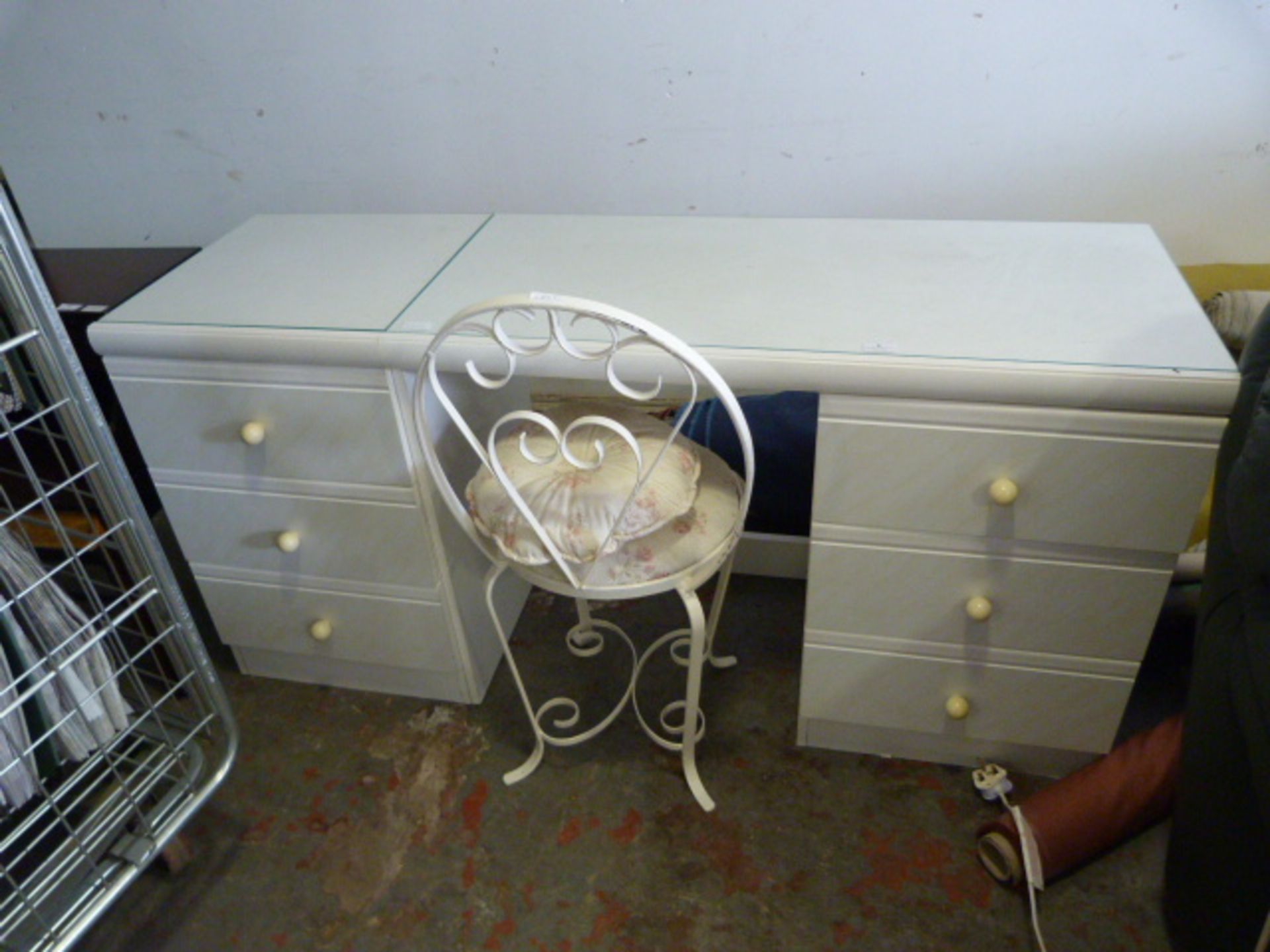Six Drawer Glass Topped White Dressing Table with