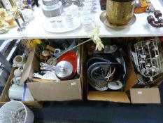 Four Boxes Containing Pans, Ovenware, Massager, Te