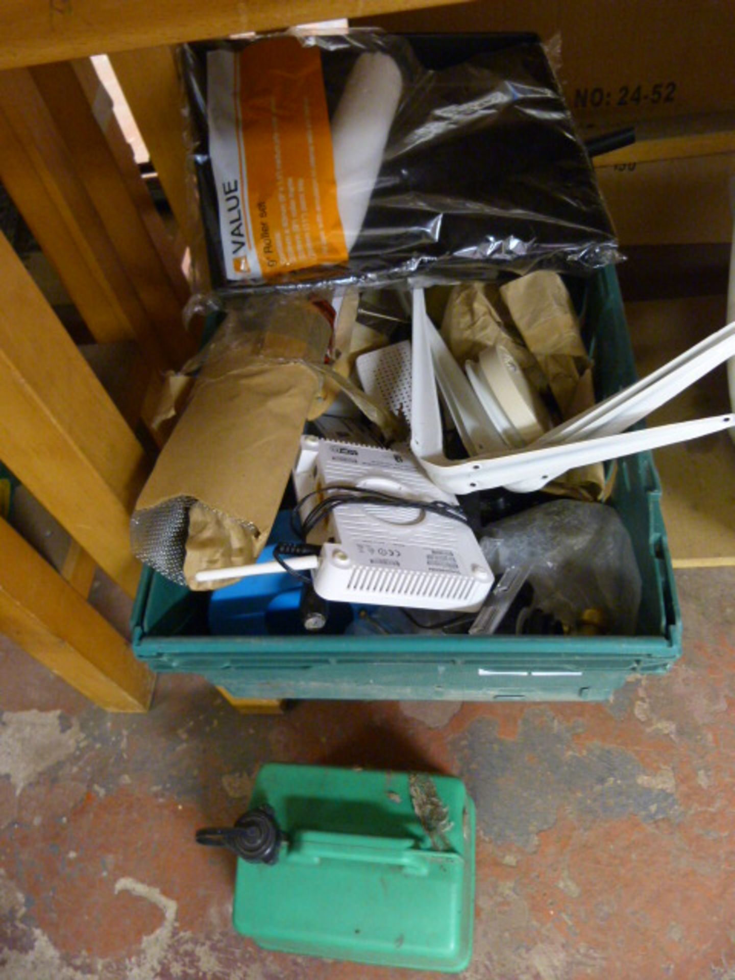 Box of Miscellaneous Items; Petrol Can, Router, Br