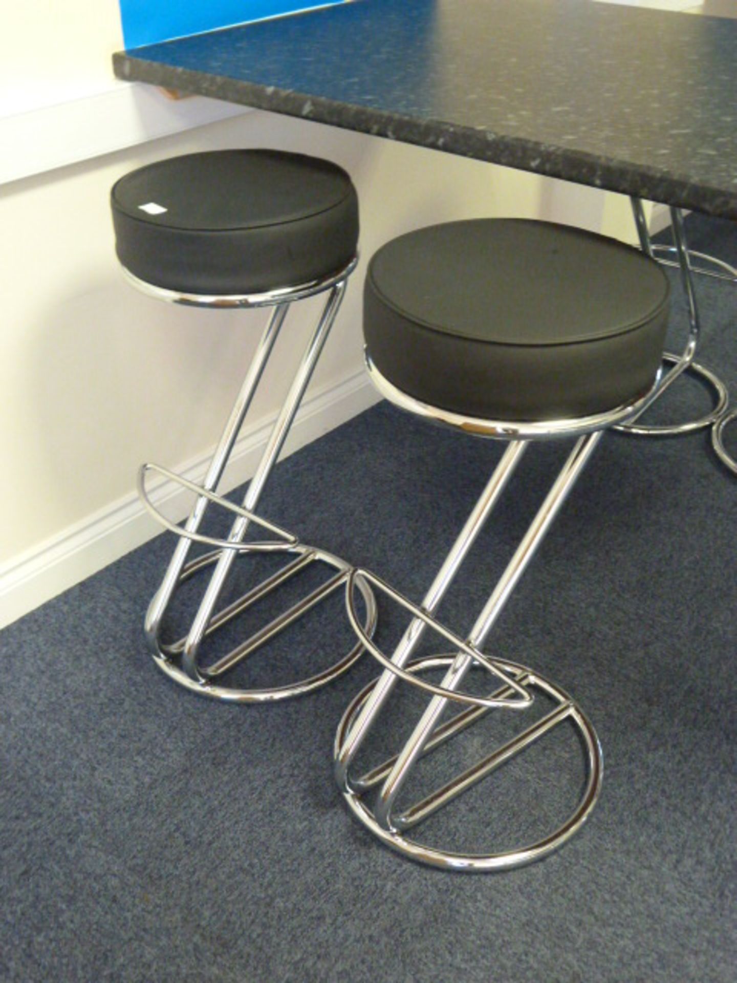 *Pair of Chrome & Black Faux Leather Barstools