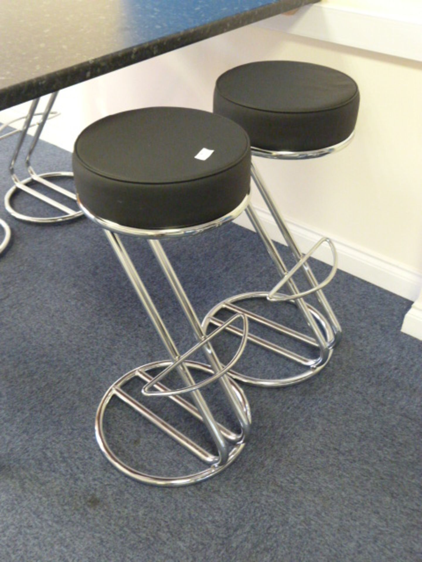 *Pair of Chrome & Black Faux Leather Barstools