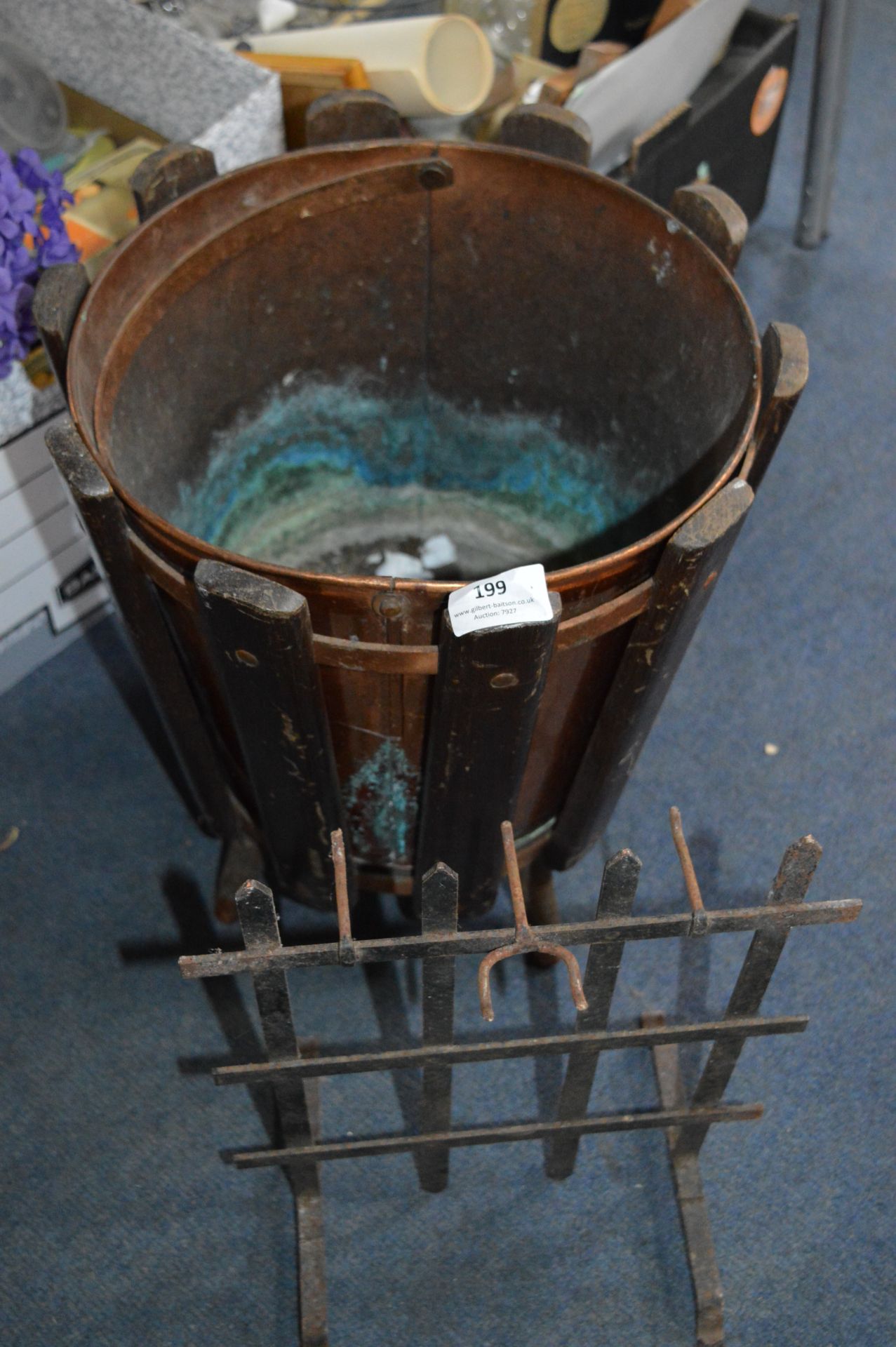 Copper Coal Bucket in Wooden Stand