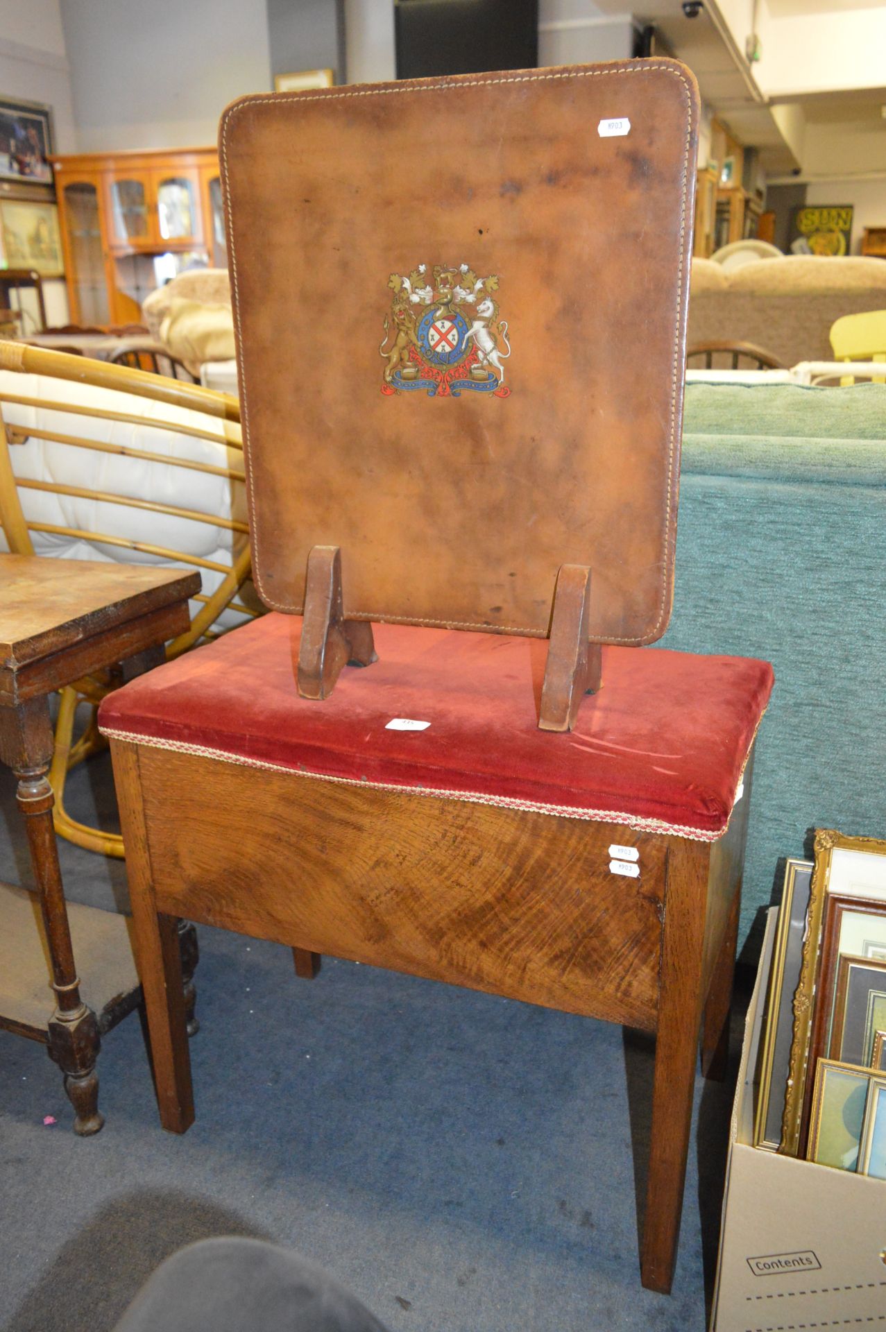 Oak Lift Up Lid Stool and a Leather Firescreen