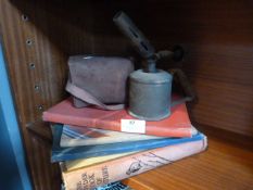 Vintage Camera, Brass Burner Lamp and Books