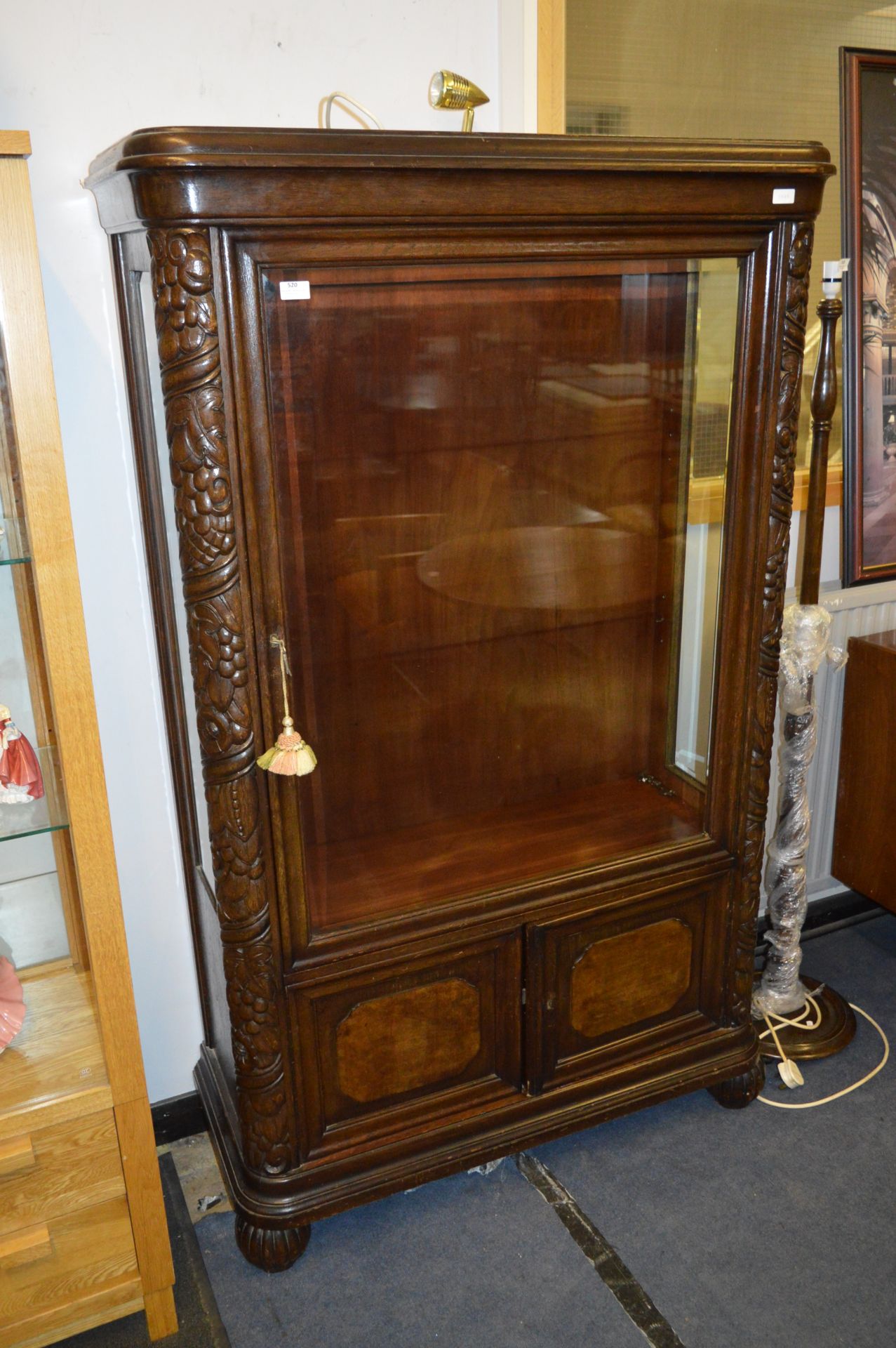 Large Carved Oak Framed Display Cabinet with Cupbo