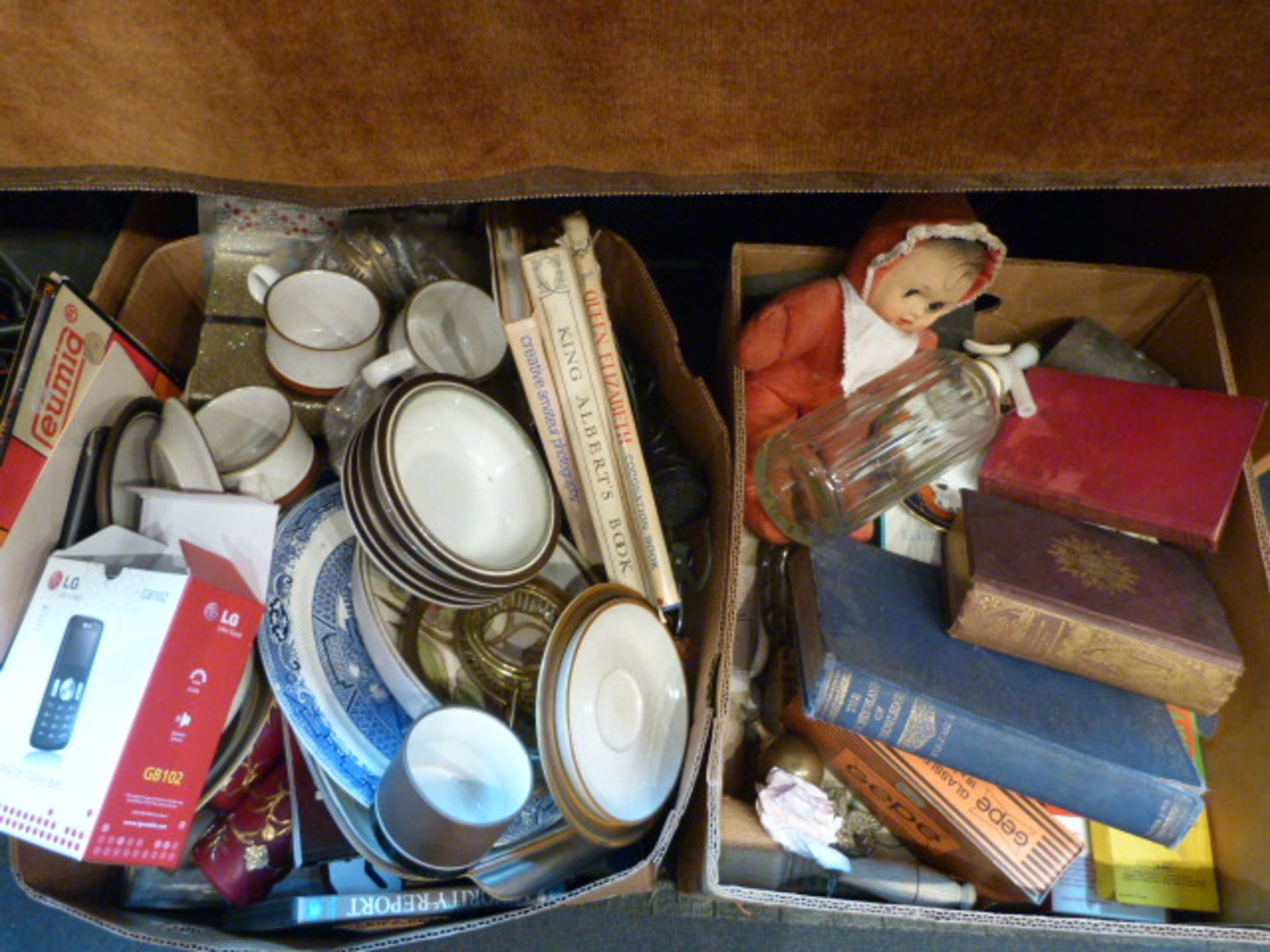 Two Boxes of Dinnerware, Books, Dolls, Soda Siphon